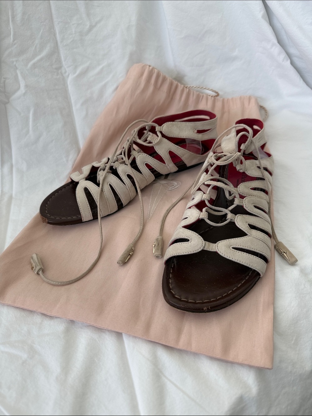 Cesare Paciotti Beige and Dark Brown Lace-Up Gladiator Sandals